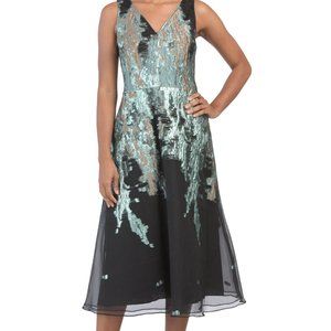 TERI JON V-Neck Sleeveless Metallic Jacquard Dress NWT